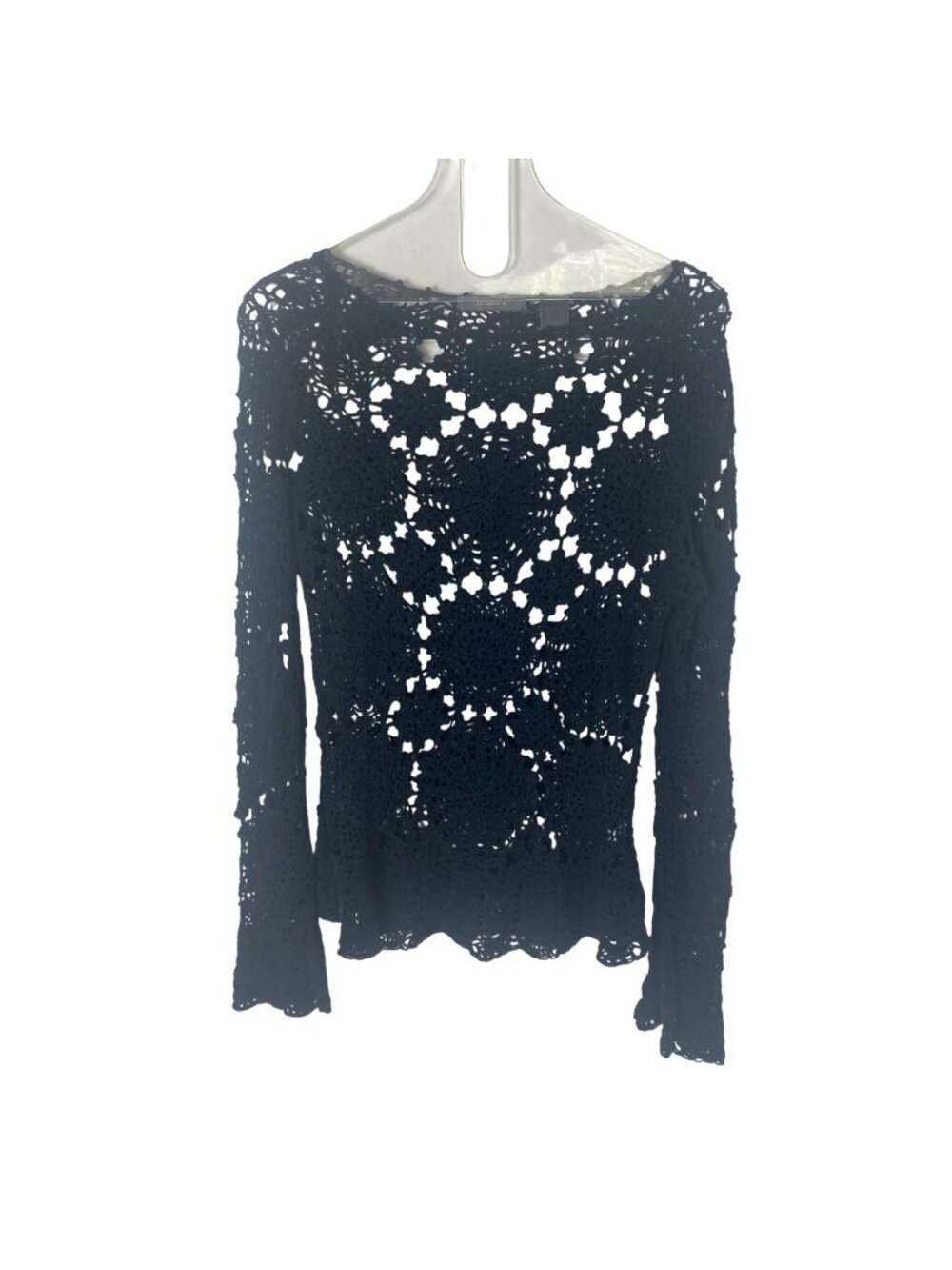 Liz Claiborne Black Crochet Top Large Flare Sleeve Fairy Grunge Goth Boho